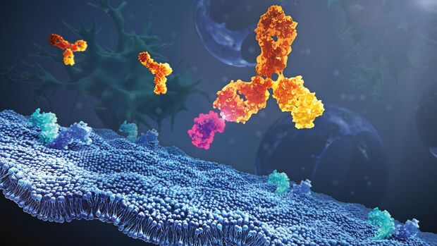 Wissenschaftliche Illustration von AstraZeneca: Antikörper, der an vorgelagerte epitheliale Zytokine bindet, um eine Reihe von Entzündungsreaktionen zu verhindern – Hintergrundbild Asthma
